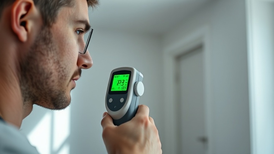 Man measuring air quality in modern room; assessing volatiles organic compounds.