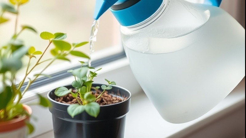 Handheld waterer gently watering plants on a window sill