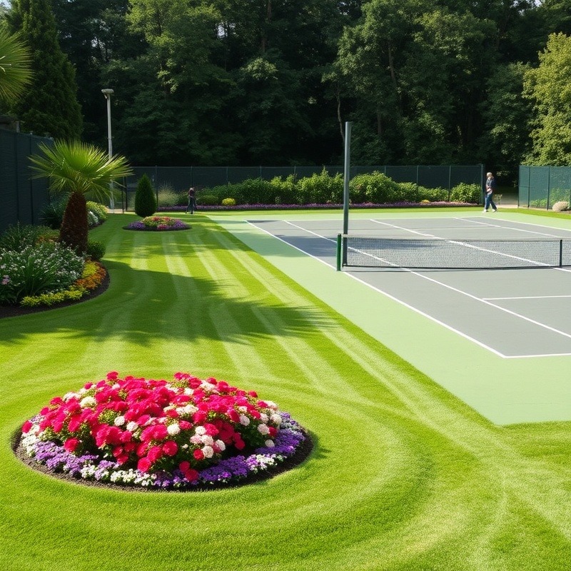 Lush yard needing mowed near tennis courts featuring beautiful flower beds.