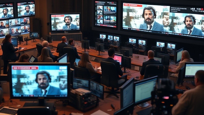 Photorealistic busy newsroom showcasing interactive media publishing with live streaming.