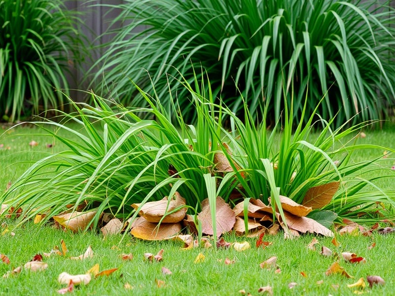 Yard with high grass and leaves piled, showcasing autumn's foliage beauty.