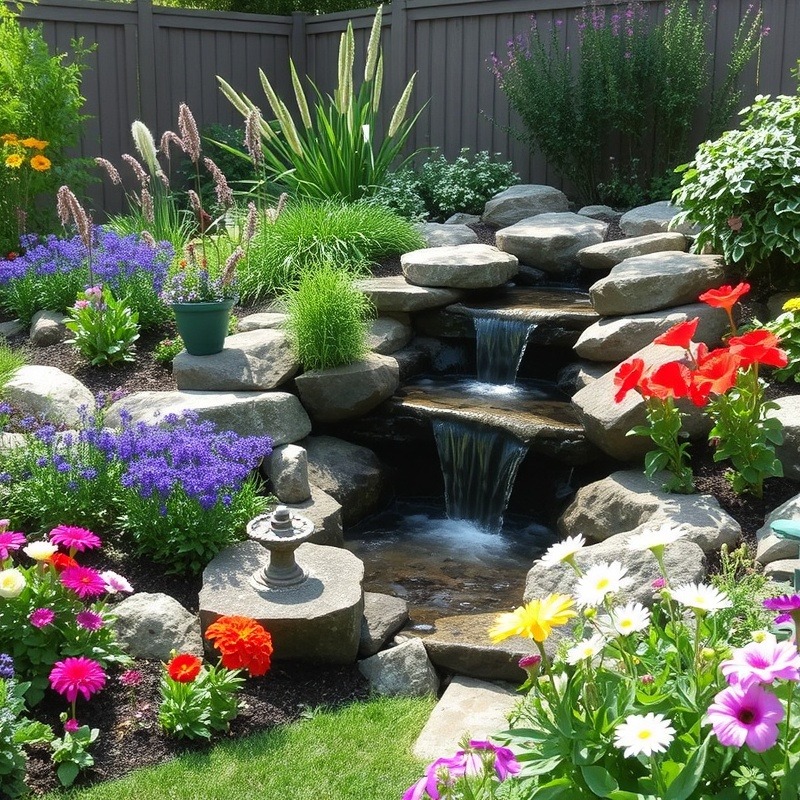Vibrant yard with colorful flowers and a serene waterfall.