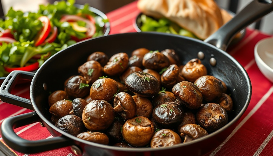 Colorful mushroom dish and salad on striped tablecloth.