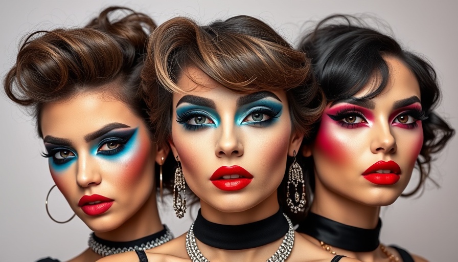 Trio with bold 80s makeup trends featuring blue, black eyeshadow.