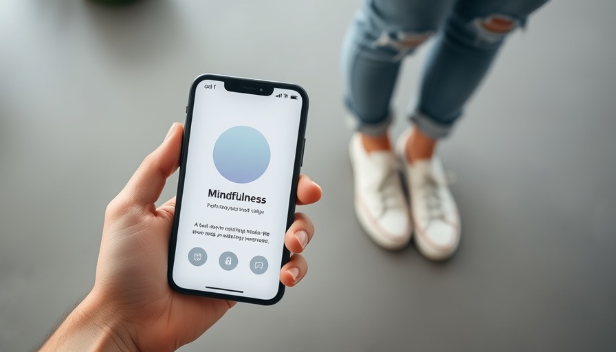Person using New Mindful App Launch 2025 on smartphone, relaxed setting.