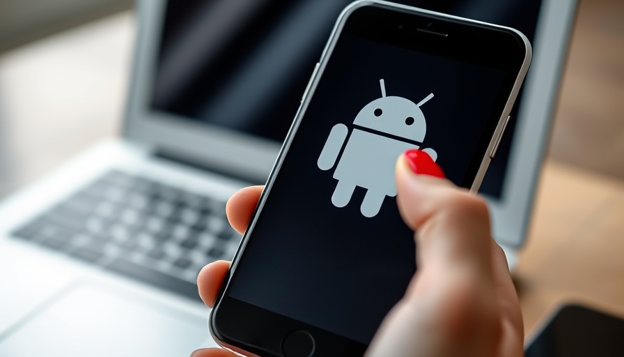 Smartphone with Android logo held by hand, blurred background.