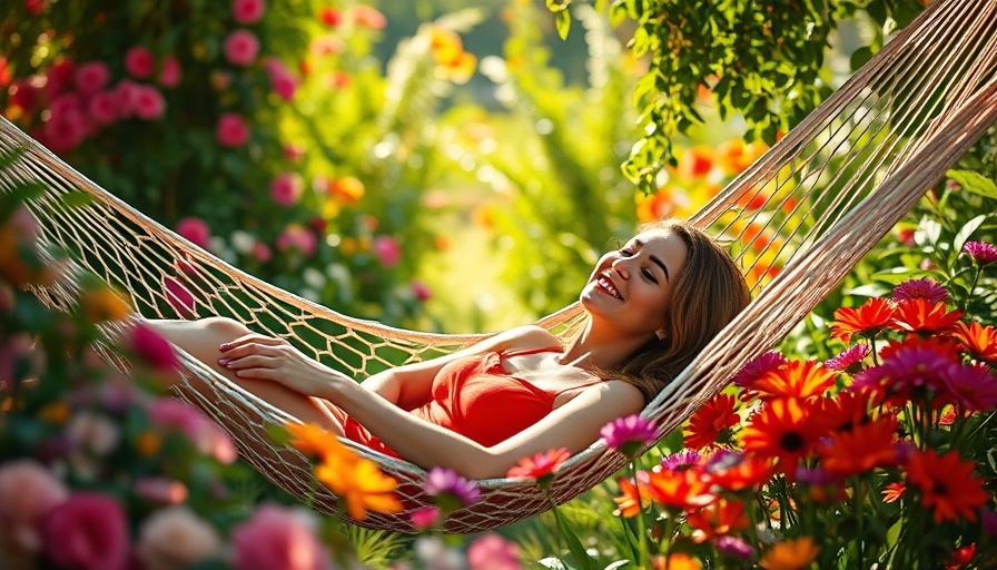 Sunday Garden landscaping trend: Woman relaxing in vibrant garden.