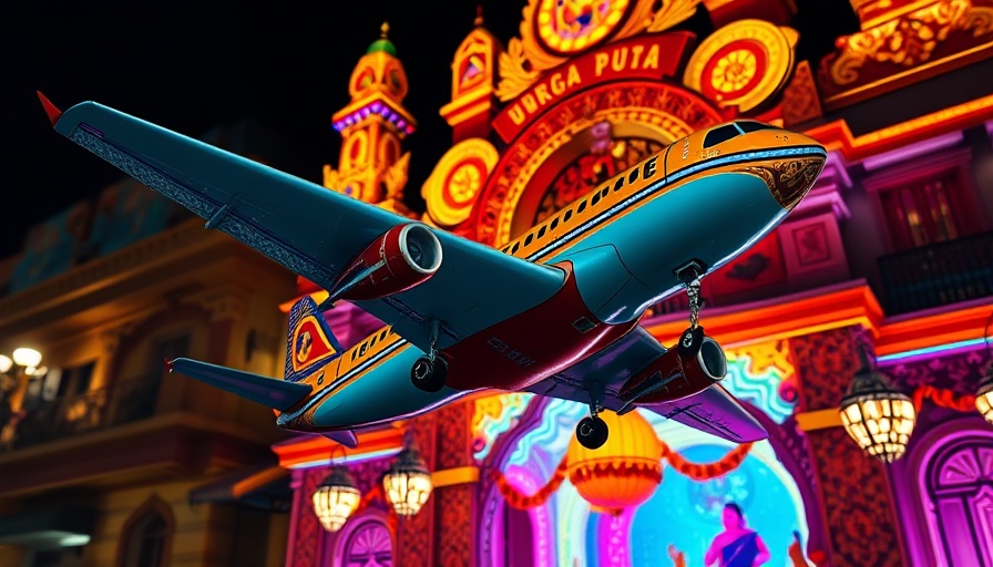 Durga Puja tribute with airplane model and colorful lights.