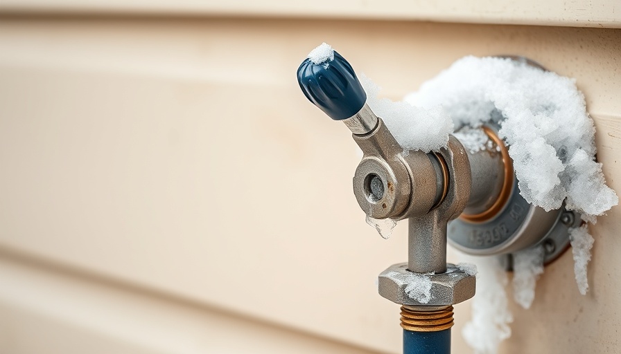 Hose spigot covered in snow on beige wall during winter.