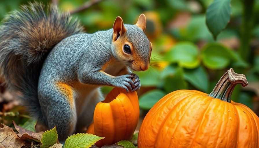 Gray squirrel nibbling on carved pumpkin in garden.