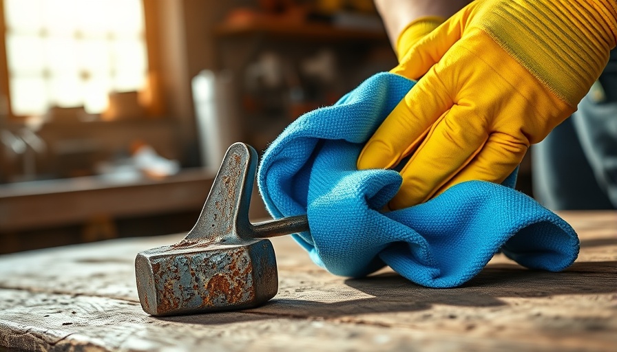Close-up of removing rust from metal tool with gloves and cloth.