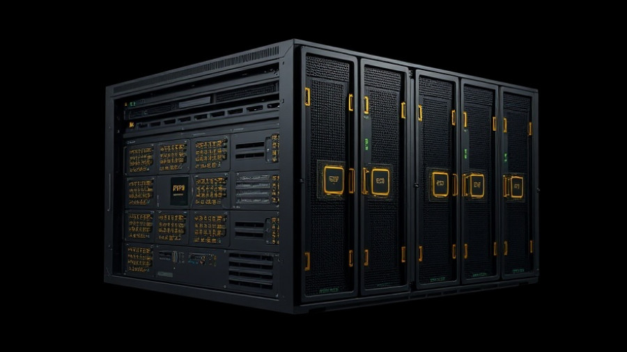 Futuristic server with custom non-x86 CPUs and XPUs against dark background.