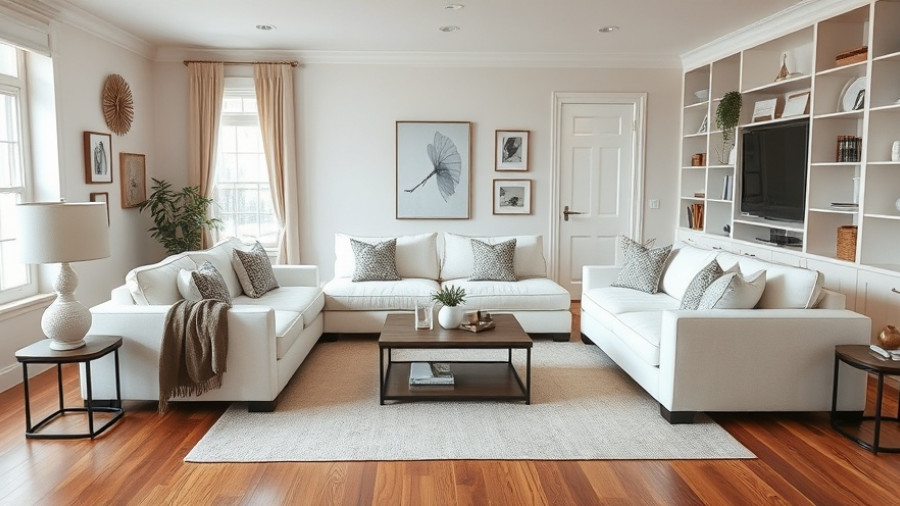 Cozy white sectionals for small spaces in a living room.