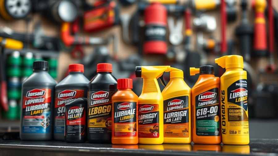 Assorted garage door lubricants on a workshop bench.