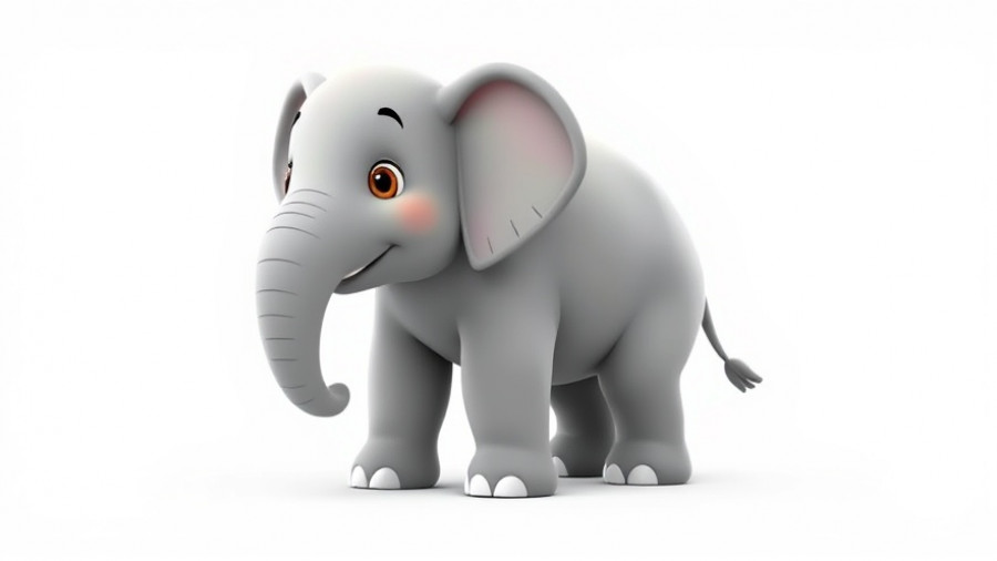 Cartoon elephant in Pixar style on white background.