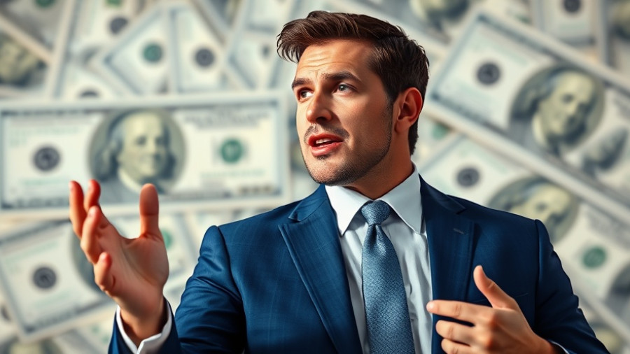 Confident man in blue suit speaking at podium with 100-dollar bill background.