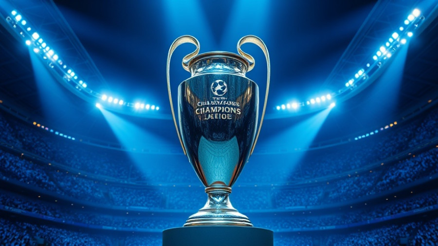 UEFA Champions League trophy in a stadium, 2025 fixtures highlighted.