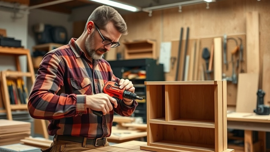 Craftsman building a DIY charging station with a power tool in workshop.