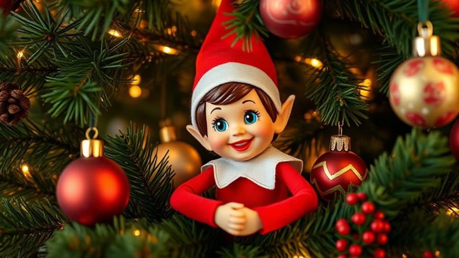 Elf on the Shelf hiding in a Christmas tree with ornaments.