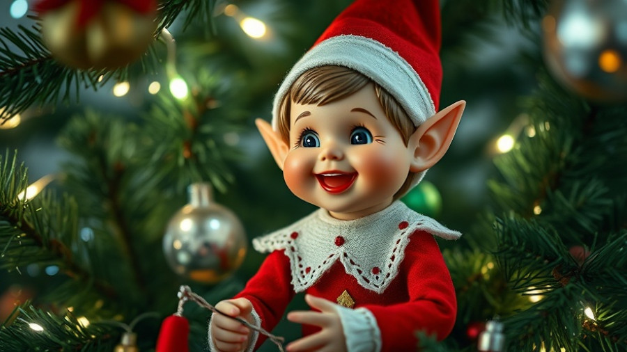 Vintage elf on the shelf nestled in a Christmas tree.