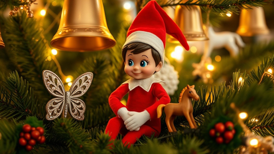 Elf on the Shelf nestled among Christmas tree decorations