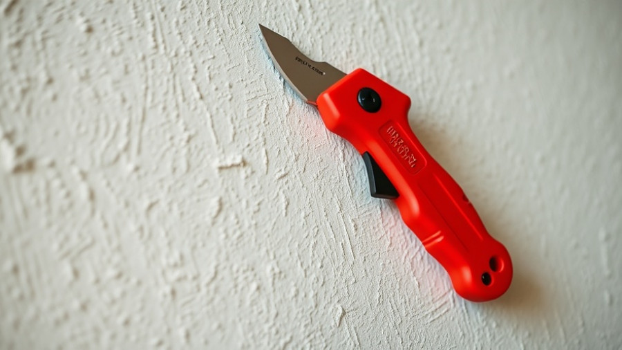 Red utility knife and blade pack for cutting drywall.