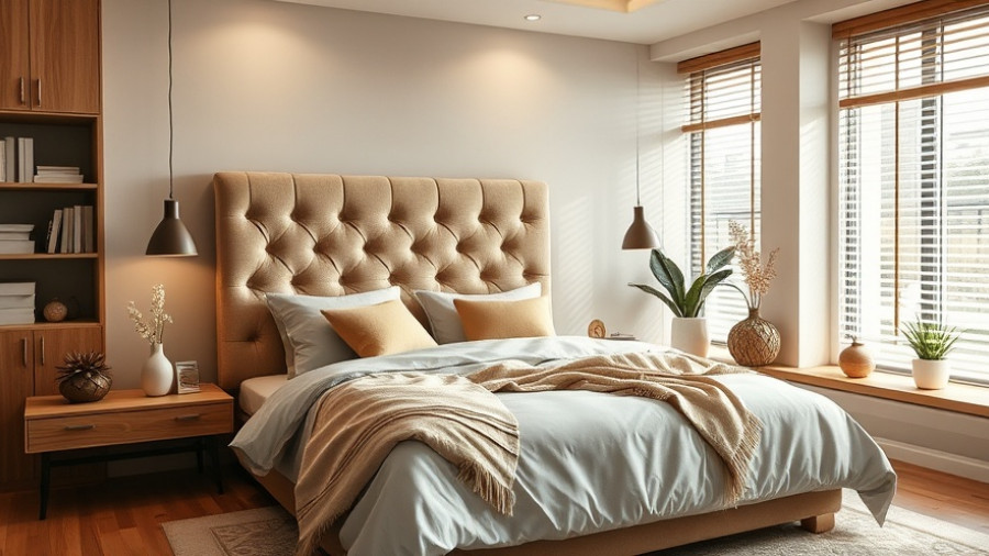 Modern bedroom with elegant headboard, cozy atmosphere.