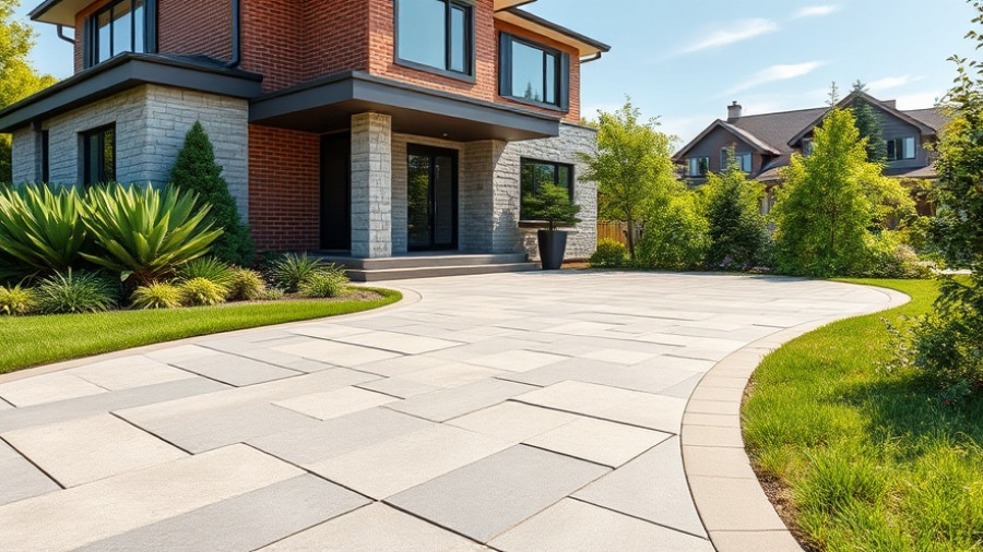 Modern driveway with custom pavers in residential setting.