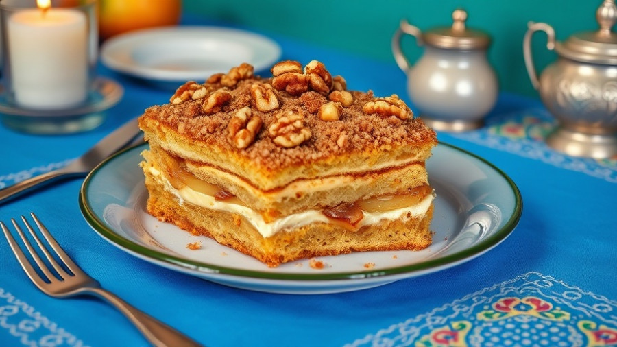 Easy apple cake recipe with moist layers and walnuts on a blue table.