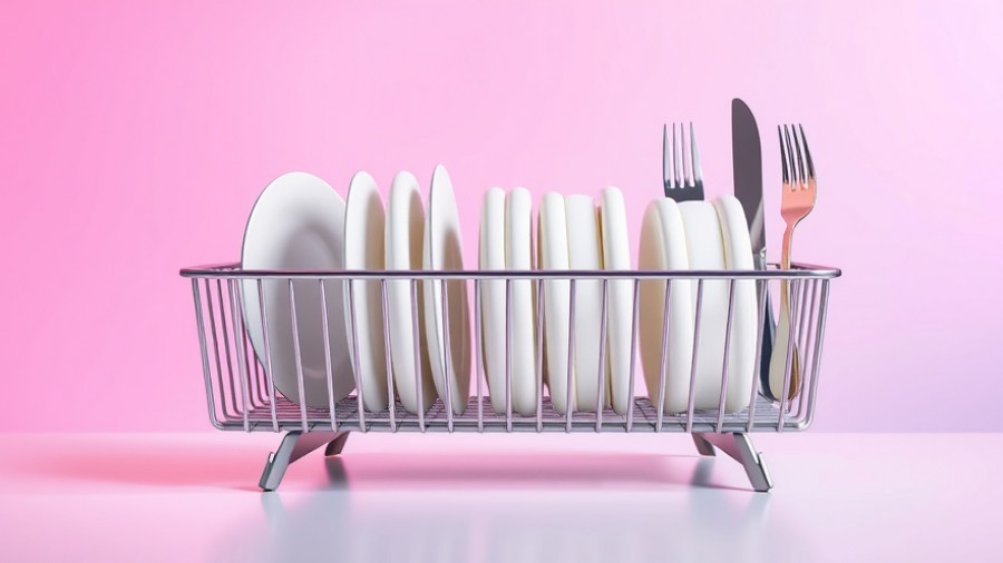 Stylish modern dish drying rack with dishes on gradient background.