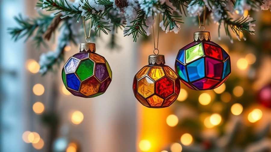Festive holiday tree ornaments on frosted pine branch, Holiday Tips for Homeowners.