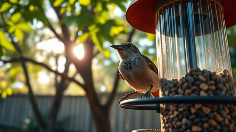 Curious bird on Birdfy Smart Bird Feeder with discount alert.