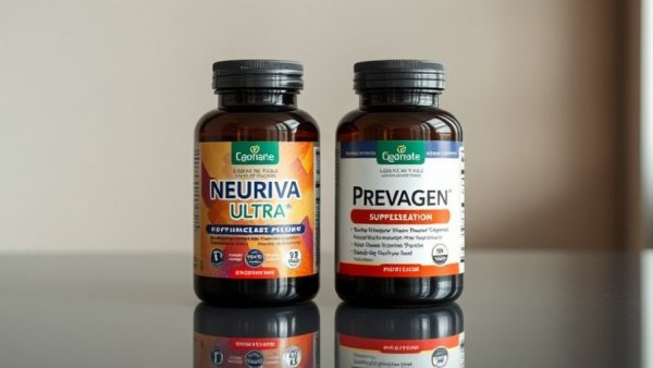Neuriva Ultra vs Prevagen supplement bottles comparison on reflective surface.