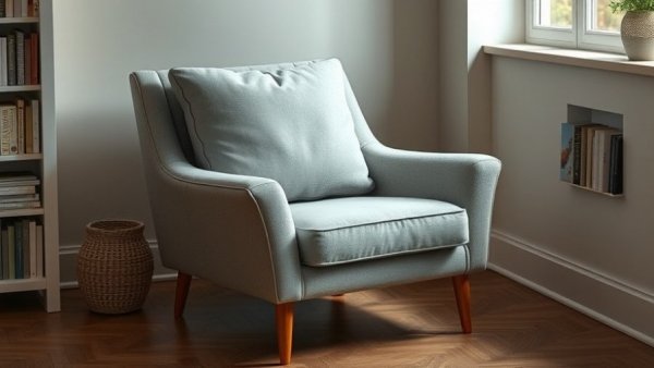 Light gray cushioned chair in cozy corner with wooden floor.