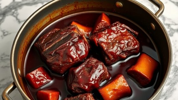 Savory red-wine-braised short ribs in a pot, delicious recipe.
