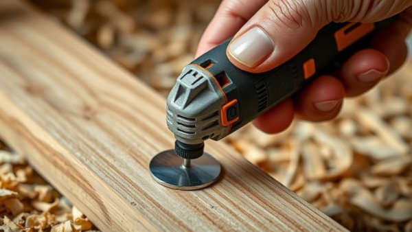 Miniature power tool cutting wood for home improvement.