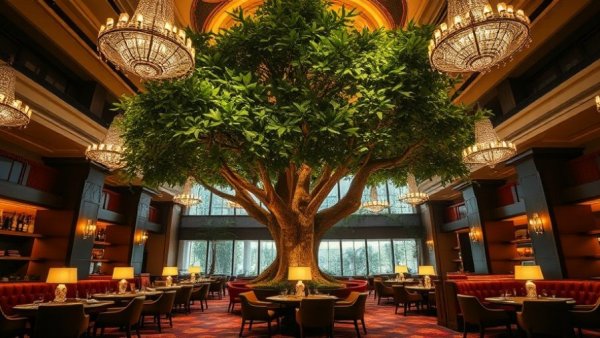Elegant luxury hotel dining area in New York City with chandeliers.