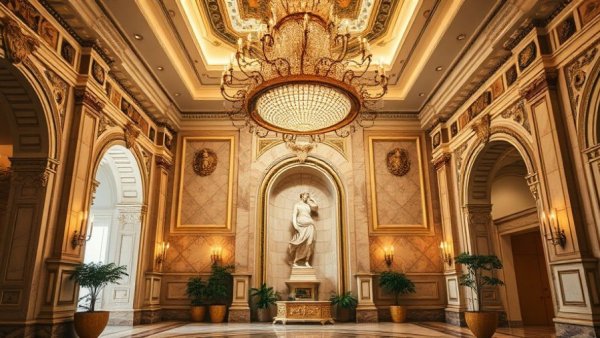 Luxury wellness resort in Maui lobby with chandelier and statue.