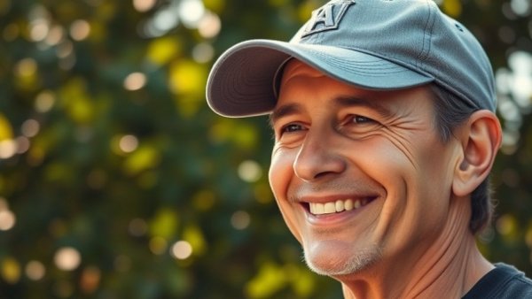 Smiling middle-aged man outdoors in a garden setting