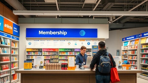 Costco membership counter displaying early shopping hours offers.