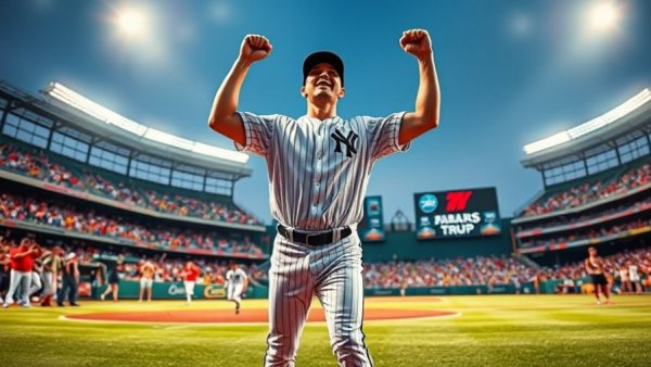 Baseball player celebrates on field amid cheering fans, 2025 MLB Awards Predictions.