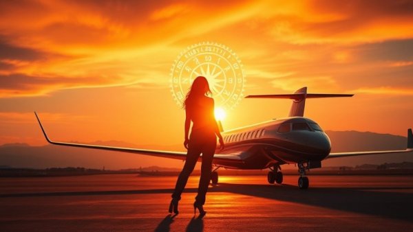 Zodiac signs and private jet at sunset symbolize success in 2025.