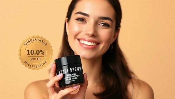 Smiling woman with Bobbi Brown Vitamin Enriched Face Base and award badge.