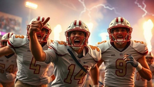 Intense College Football Playoff Bubble Watch scene with coach and players, vivid background.