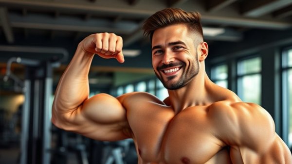 Muscular man in gym flexing bicep, Veterans Day Nutrition.