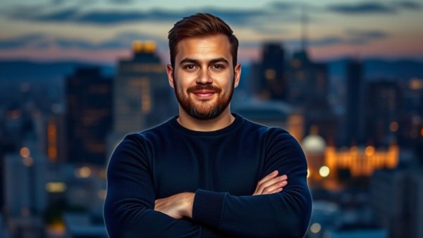 Balmain Creative Director Antonin Tron in a navy pullover at dusk.
