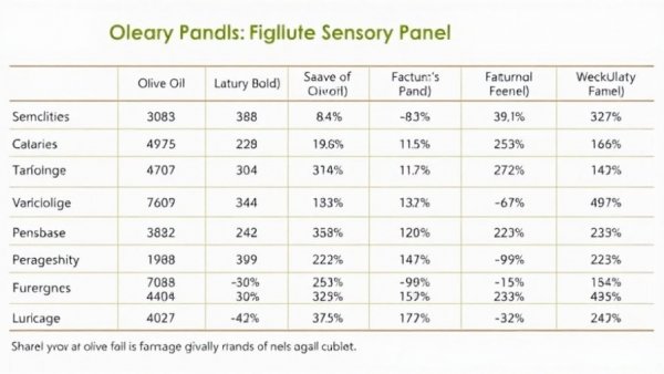 Statistical table of olive oil brands' sensory panel results relevant to 3-MCPD in cooking oils.