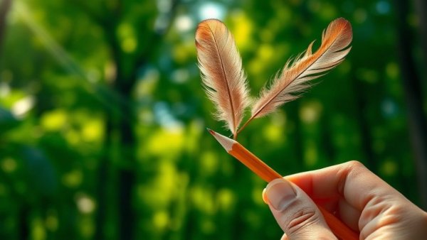 Hand holding feathered pencil in sunlight, symbolizing creative blocks at work.