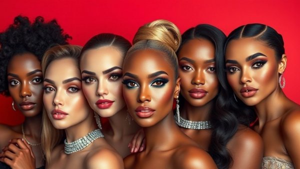 Winter makeup trends 2025, diverse women in elegant attire.