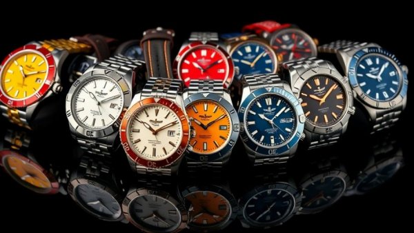 Colorful Breitling watches showcasing NFL partnership on a black surface.